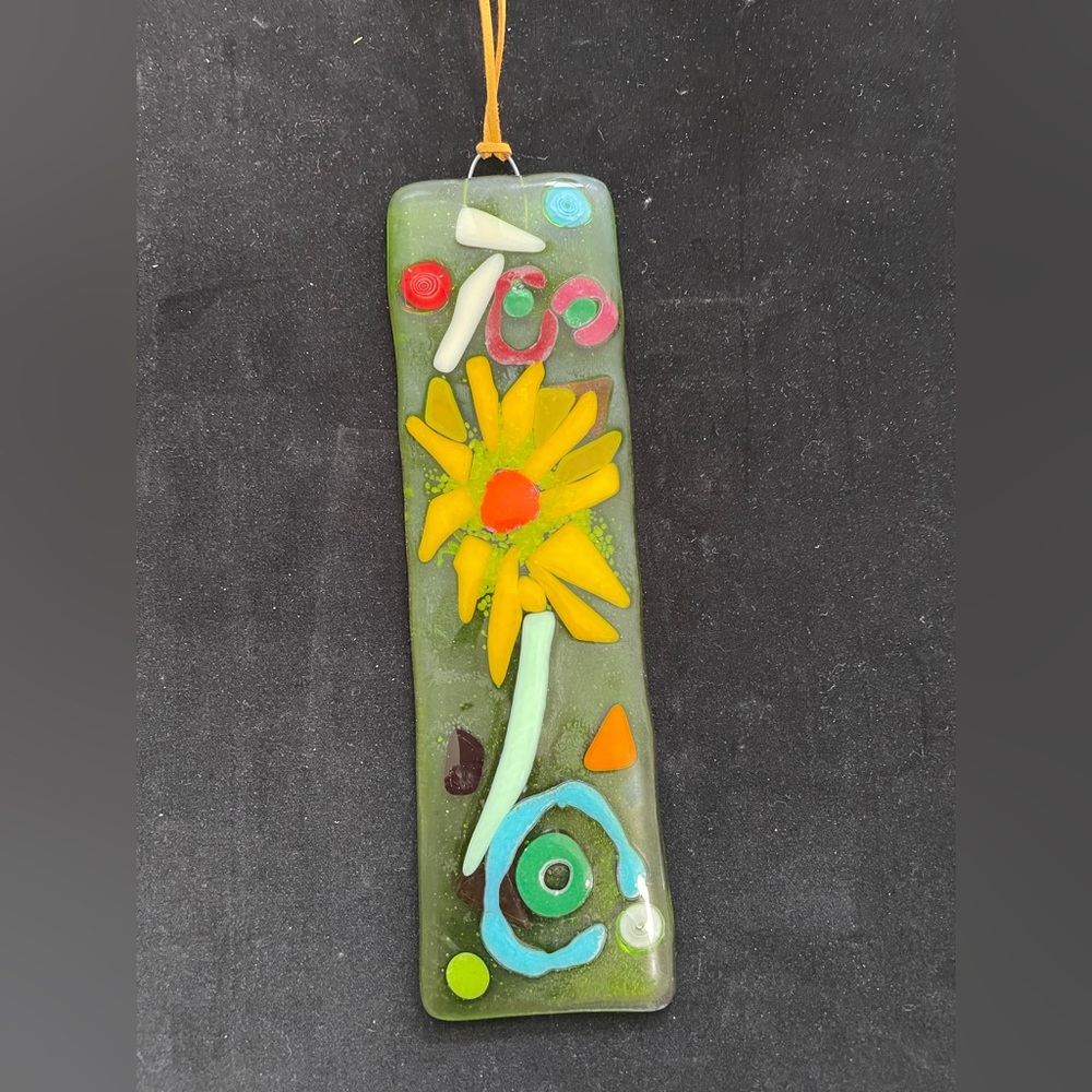 “Sunflower On Green  Fused Art Glass  Handmade HangingPlaque 10”x3”Original